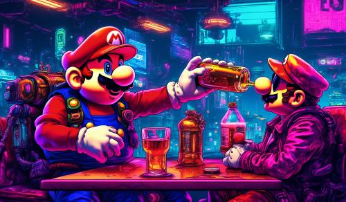 Mario drinking alcohol with toad