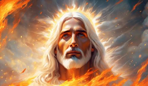 Jesus with white hair and eyes like fire