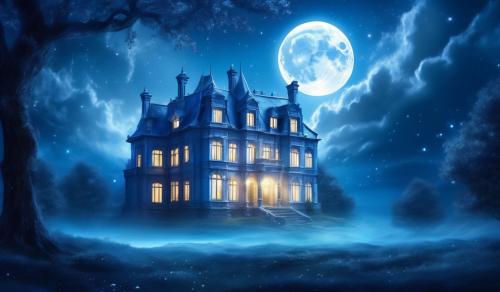 blue moon over looking a manor with white light coming from the windows 