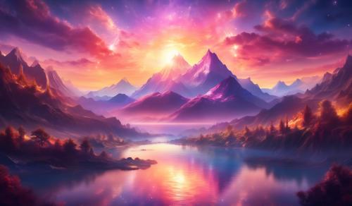 scenic sunset with mountains and in the center a lake