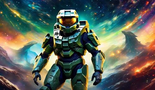 Halo master chief in a bright galaxy