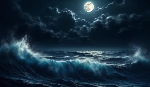 Moon over dark turbulent ocean