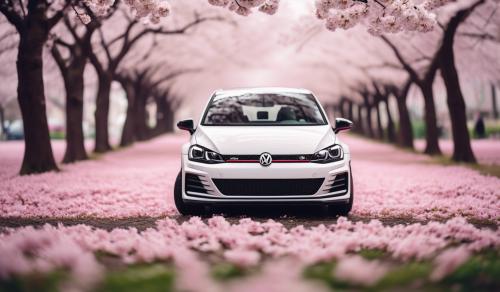 Zoomed out picture of a white mk7 gti on bags aired out by cherry blossoms