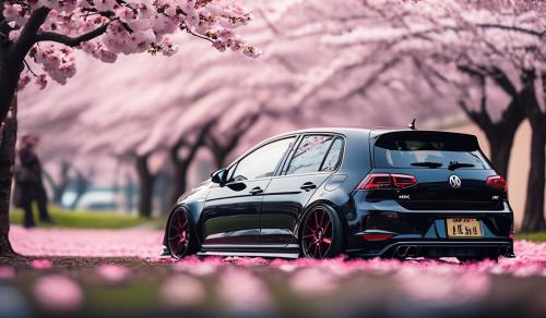 Zoomed out pic of Mk7 gti slammed to the ground with cherry blossoms as background