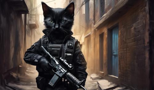 Black kitten wearing a bulletproof vest holding a pistol in an alley 