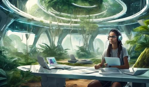 A brazilian white student preparing for public tender in a futuristic with mix of technology and nature enviroment