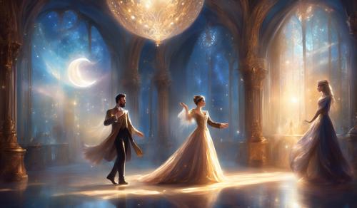 a short man and tall woman, dressed in fairytale royal attire ,dancing in a ball room, with a beam of moonlight coming in from the window and shinning on them