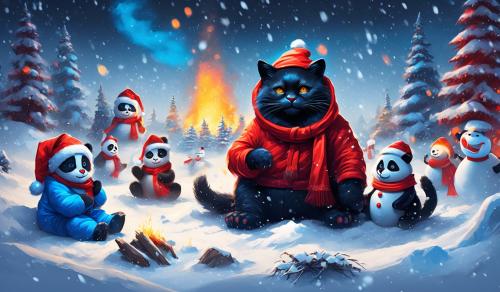 Draw a big black cat with big dark yellow eyes wearing a neon blue snowsuit sitting in a pile of snow with his arm around a panda wearing a red scarf and red santa hat surrounded by snowmen in a blizzard with a big bonfire in the background