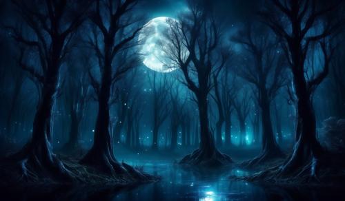 dark forest at night with a full moon, gothic style trees