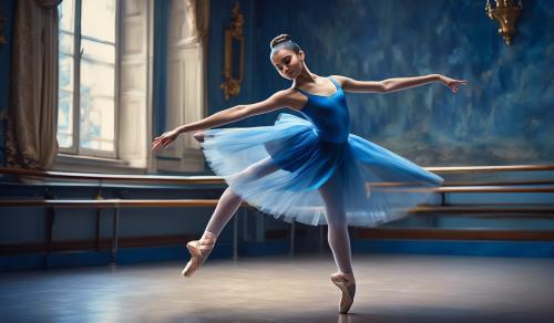 Teenager dancer, dancing in a blue ballet dress with ballet pointe shoes. doing a grand jete in a dance studio. she is 18 years old and her hair is slicked back in a neat bun with a blue bow in her hair. she looks beautiful. she's in paris.