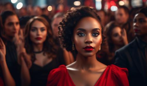 Goregous black female red lipstick hazel eyes red dress in crowd