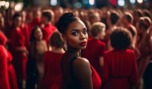 Goregous black female red lipstick hazel eyes red dress in crowd