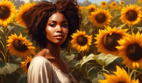 Soft romantic gorgeous black female. With beautiful brown hair daylight sunflowers