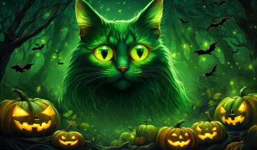 gato negro de ojos verdes con fondo de hallowen