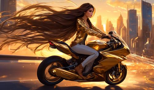 Create an anime-style image of a confident brunette with long, flowing hair being swept gently by the wind. She is riding a sleek golden superbike on a highway during a sunset, with a modern cityscape in the background. The perspective is from the side, showcasing her fit and athletic silhouette, as well as the intricate details of the motorbike. Her expressive hazel eyes and poised profile convey elegance and strength, harmonizing with the dynamic and vibrant setting.