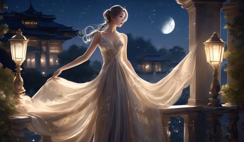 Create an elegant anime-style image of a graceful woman in a flowing, semi-transparent gown inspired by classical fashion. She stands on a moonlit balcony overlooking a serene garden. Her pose is poised and artistic, emphasizing beauty and elegance. The scene is illuminated by soft moonlight, casting gentle shadows and highlighting the intricate details of her attire and the architectural elements around her.