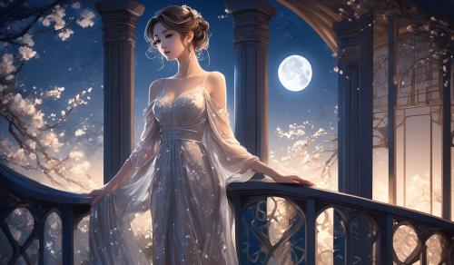 Create an elegant anime-style image of a graceful woman in a flowing, semi-transparent gown inspired by classical fashion. She stands on a moonlit balcony overlooking a serene garden. Her pose is poised and artistic, emphasizing beauty and elegance. The scene is illuminated by soft moonlight, casting gentle shadows and highlighting the intricate details of her attire and the architectural elements around her.