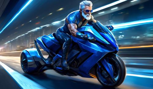 Create a futuristic-style image of a super strong and fit man in his 60s with a commanding presence. He has short gray hair and a full, well-groomed beard. His muscular arms, broad chest, powerful shoulders, and strong legs are prominently displayed as he rides a sleek blue superbike on a futuristic highway. The setting features a vibrant, cosmopolitan city with towering, high-tech buildings glowing with neon lights. The sky is dramatic, with shades of deep blue and purple, evoking a starry evening atmosphere. The perspective highlights his strength, determination, and the sleek design of the superbike, blending seamlessly with the futuristic environment