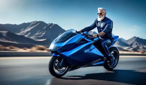 Create a futuristic-style image of a super strong and fit man in his 60s with a commanding presence. He has short gray hair and a full, well-groomed beard. His muscular arms, broad chest, powerful shoulders, and strong legs are prominently displayed as he rides a sleek blue superbike on a futuristic highway. The setting features a vibrant, cosmopolitan city with towering, high-tech buildings glowing with neon lights. The sky is dramatic, with shades of deep blue and purple, evoking a starry evening atmosphere. The perspective highlights his strength, determination, and the sleek design of the superbike, blending seamlessly with the futuristic environment