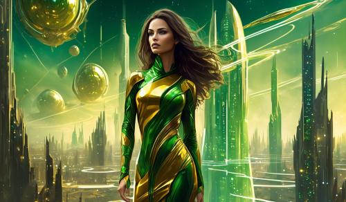 Create an image of a beautiful fit woman with great figure dressed like a futuristic character, her dress is tight and gold and green, brunet with freezing hazel eyes, the will blow her long hair softly from left to right and as background a very futuristic city from another planet