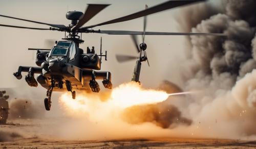 Apache helicopter firing multiple missiles destroying armoured tanks