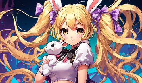 Blonde Woman with twin tail styled hair and bunny outfit.