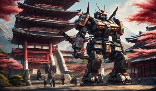 Giant Japanese mech with katanas in front of a Japanese temple