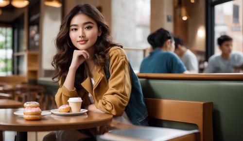 <donutsdelivery2-xl>score_9, nsfw, A striking 18-year-old college student, exuding irresistible charm and confidence, captured in a captivating moment at a chic campus café. The camera is positioned from a medium-close angle, focusing on her as she leans across a small table, her posture elegantly relaxed yet deliberately engaging. She wears a form-fitting, off-the-shoulder blouse with a deep V-neckline