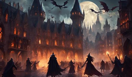 Medeval city under attack, witch and vampire defending the people of the city