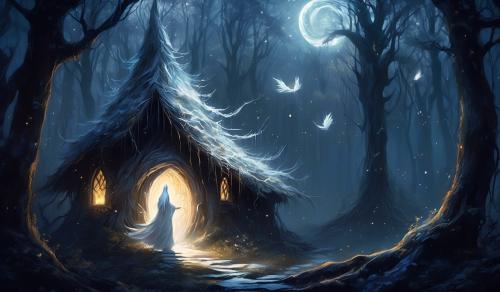 Hut with a white witch, in the dark woods. Fallowing a spite.