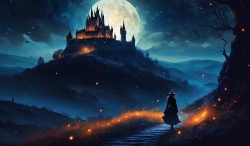 Dark night, castle on hill side in distance, one witch with a familiar, walking to it. 