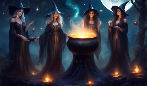 Three pretty witches with a cauldron. On an alter, late one moon light.