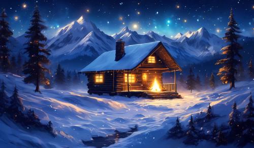 night stars snowing mountains cabin camp fire