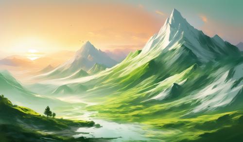 White, light green, sunset, mountain