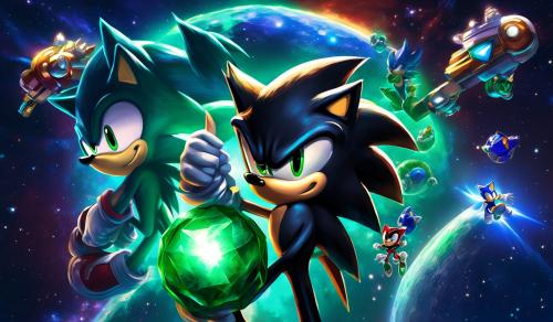 Shadow the hedgehog and sonic the hedgehog holding the master emerald in space