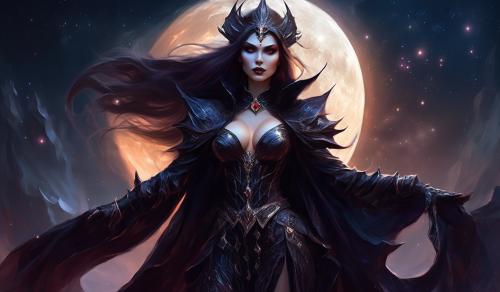 Vampire witch, in suggestive armor, on moon lite. 