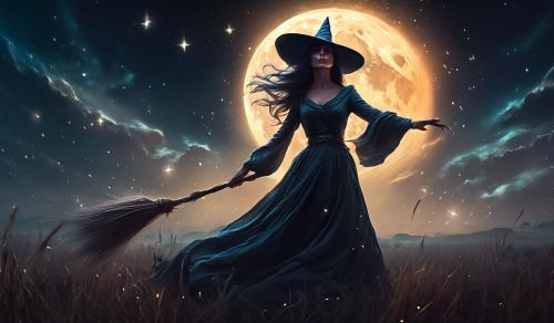 a solo Witch, battling in a field, on a moon lite night. 