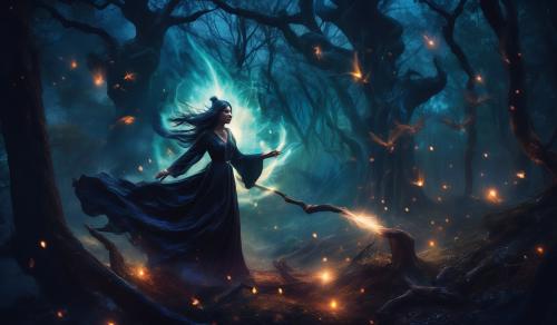 A witch, battling satan, in the woods, at night  