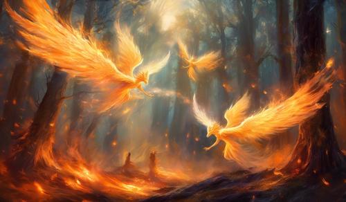 Angels fight demons, in the flaming woods  