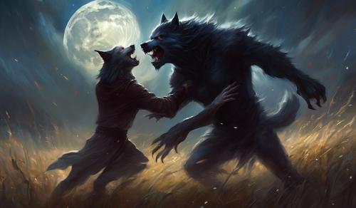 One werewolf, one vampire, fighting in a field.