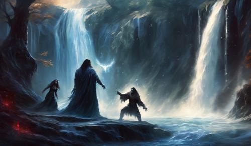 One vampire and one werewolf fighting by water fall