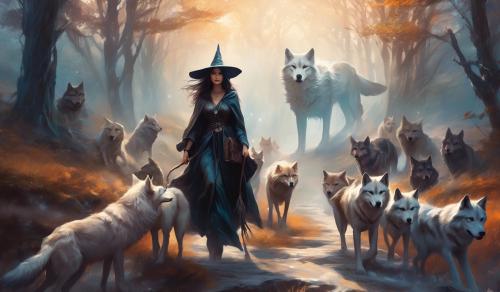 solo Witch with a wolf hunting pack 