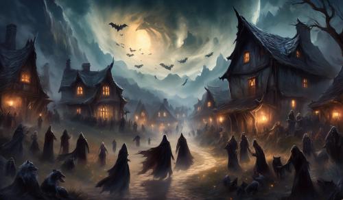 The undead attacing a village, protecked by witch, werewolf, and vampire. 