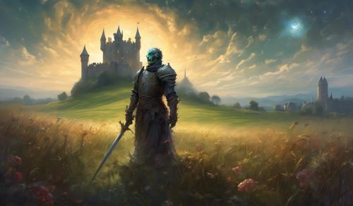 Zombie geting its head coped off by a knight, in a field with aa castle in the background.