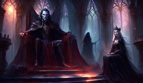 Vampire king with witch queen in the throne room  