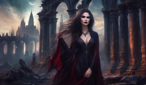 Gorgeous female vampire babe. In the foreground, in front of some ruins.    