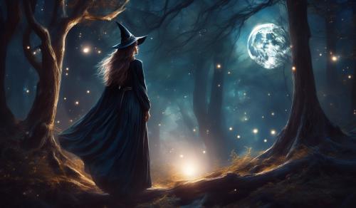 Gorgeous female solo witch, in the foreground. With the moon shining through the wood.  