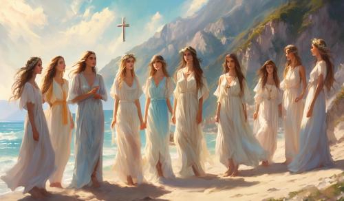 six Austrian girls and four Italian girls to a beach in Liguria with a mountain slope. All wearing summer clothes and a crucifix