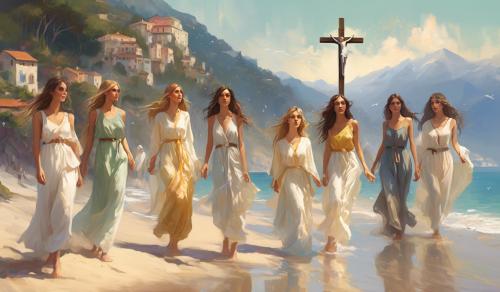 six Austrian girls and four Italian girls to a beach in Liguria with a mountain slope. All wearing summer clothes and a crucifix