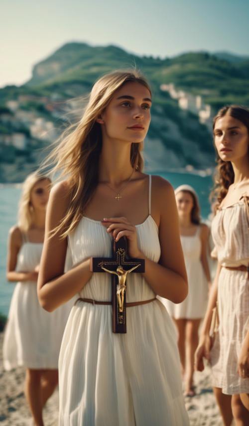 six Austrian girls and four Italian girls to a beach in Liguria with a mountain slope. All wearing summer clothes and a crucifix